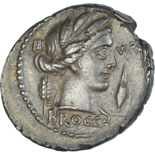 Coniare, 
  
  L. Furius Brocchus, 
  
  Denario