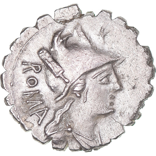 Coniare, 
  
  C. Poblicius Q.f., 
  
  Denario Serrato