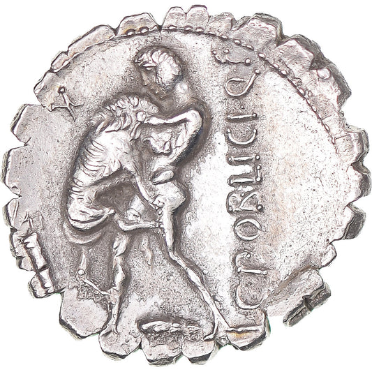 Coniare, 
  
  C. Poblicius Q.f., 
  
  Denario Serrato