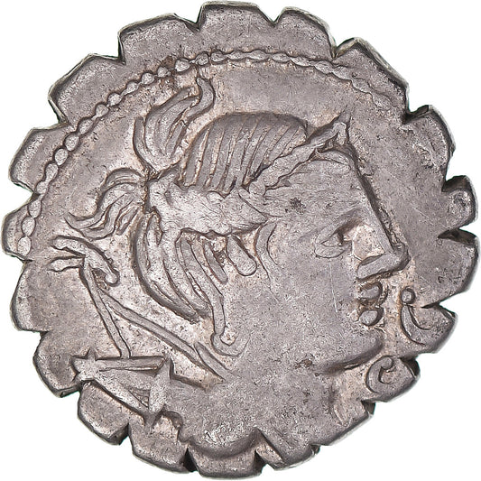 Coniare, 
  
  Ti. Claudio Ti. F. Ap. N. Nerone, 
  
  Denario Serrato