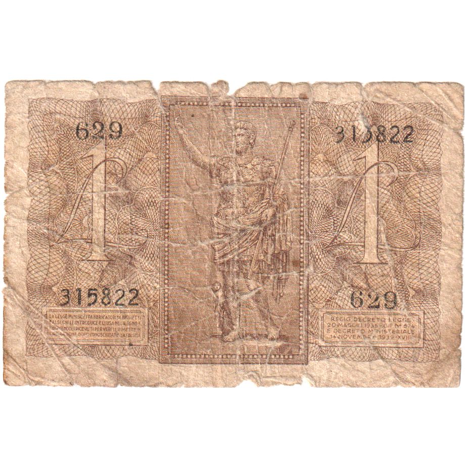 Italia, 
  
  1 lira, 
  
  14-11-1939