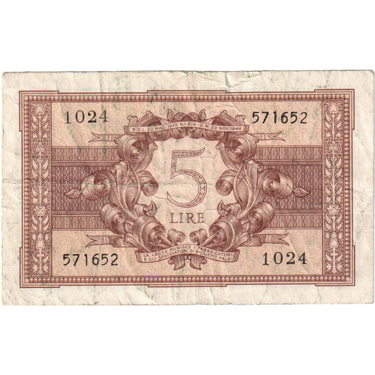 Italia, 
  
  5 lire, 
  
  23-11-1944
